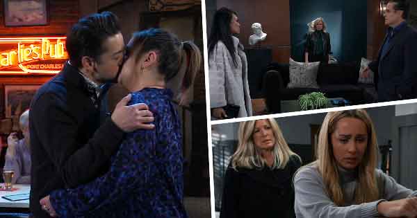 GH Week of February 19, 2024: Spinelli and Maxie kissed. Sonny served Nina with divorce papers. Cyrus agreed to help Anna. Carly quit Crimson. Blaze and Kristina made love.